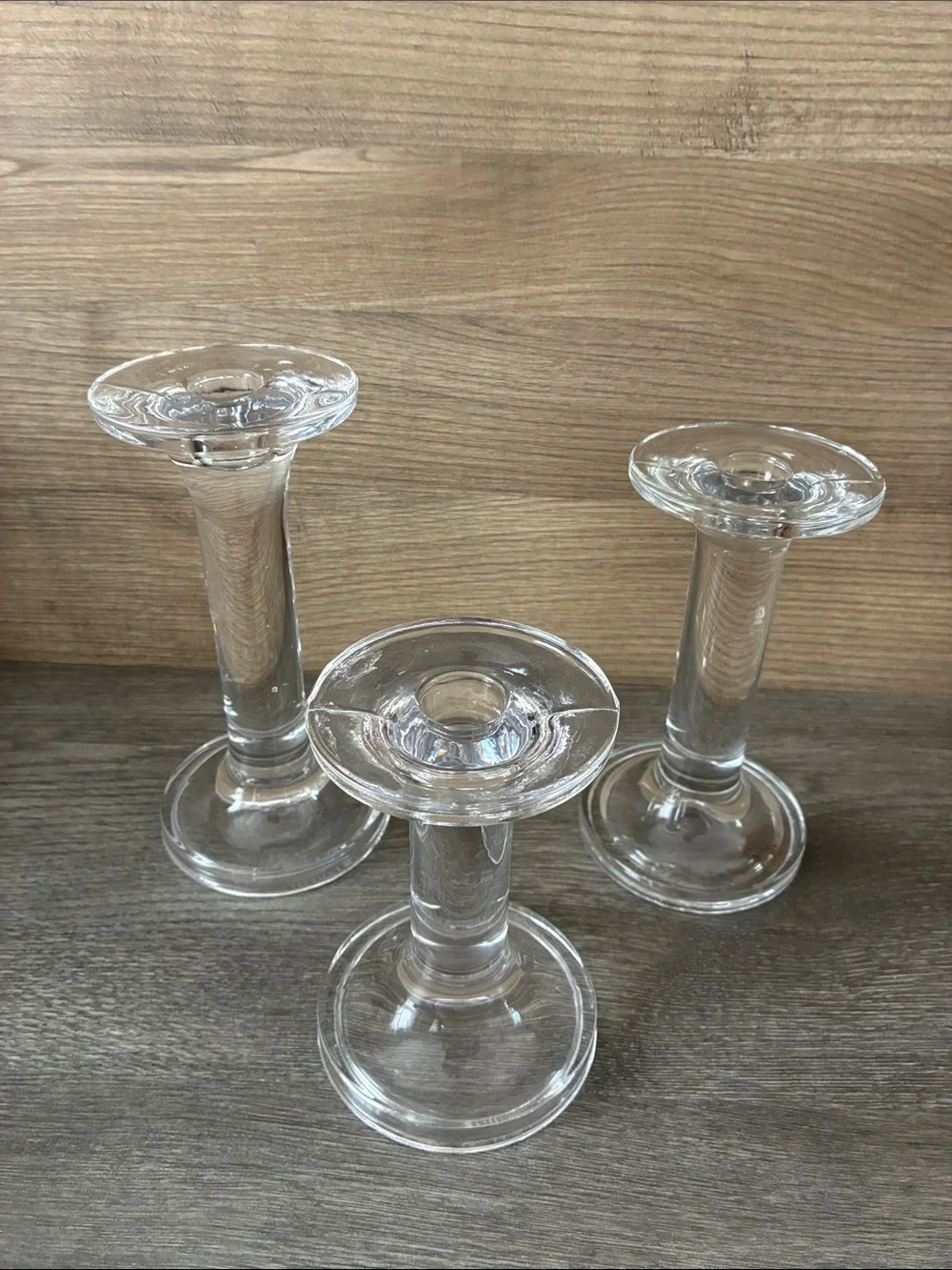 Vintage Clear Glass Candlestick Set of 3, Mid Century Modern Decor